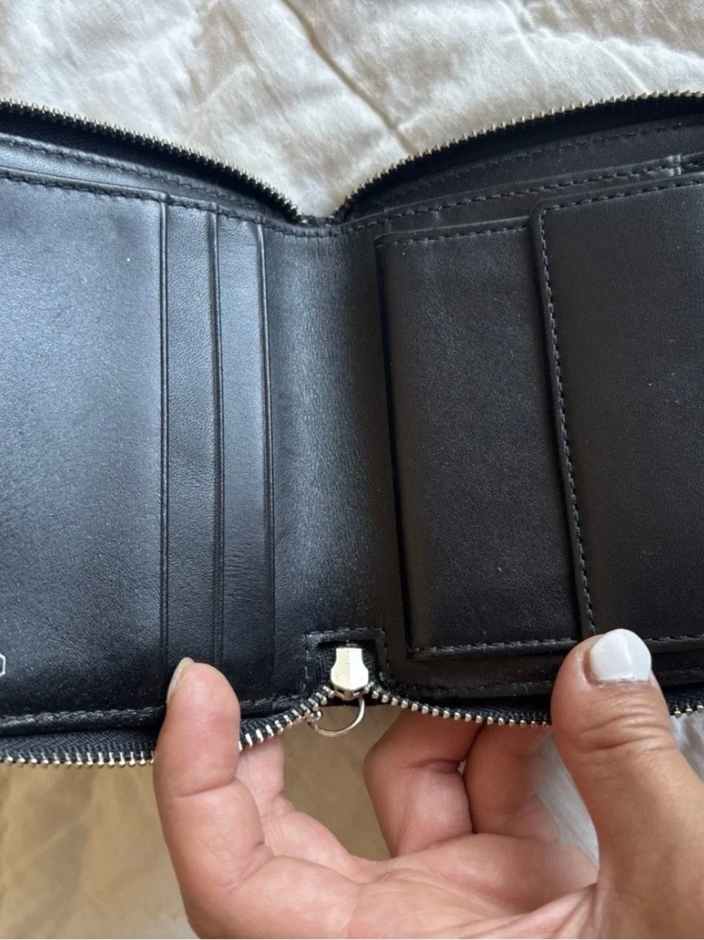 Coach Black Signature Compact Wallet with Gray Suede Pocket